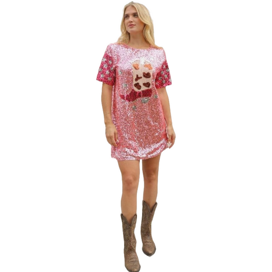 Simply Southern Ladies Cowgirl Boot Sequin Pink Short Sleeve Dress 0124-DRS-SQN-BOOT