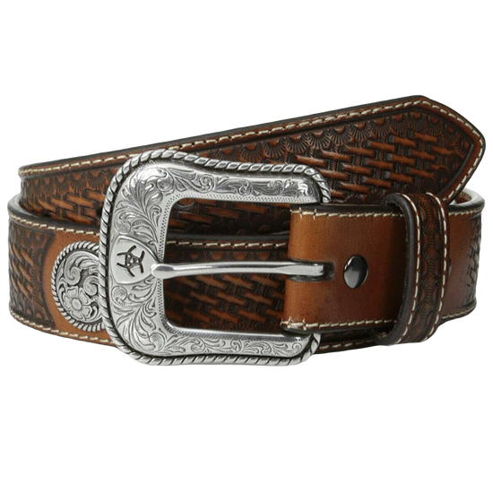 Ariat Men's Basket Stamp Concho Tooling Tan Leather Belt A1015408