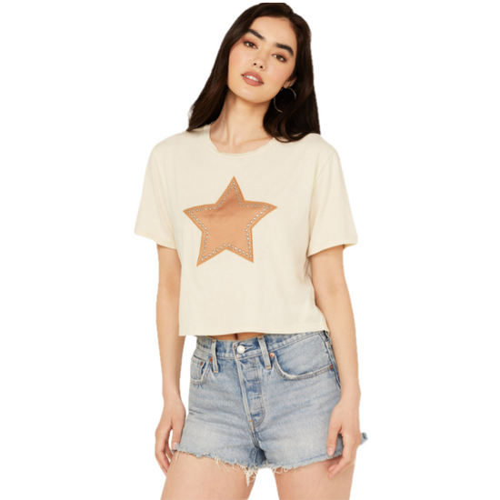 Rock & Roll Denim Ladies Star Applique Beige T-Shirt BW21T03918-29