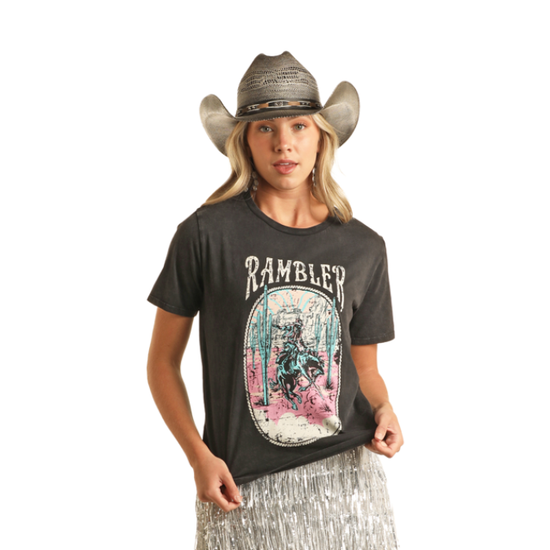 Rock & Roll Denim Ladies Rambler Western Black T-Shirt BW21T04027-01