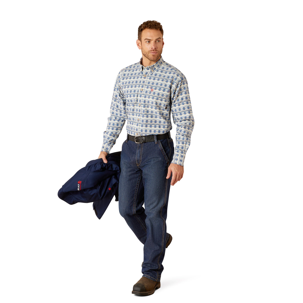 Ariat Men's FR Tenmile Aztec Blue & White Button Down Work Shirt 10052