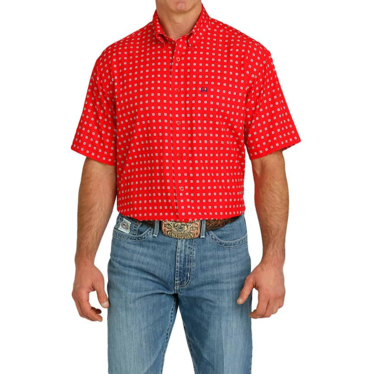 Cinch Men's Red Arenaflex Square Print Button Down Shirt MTW1704137