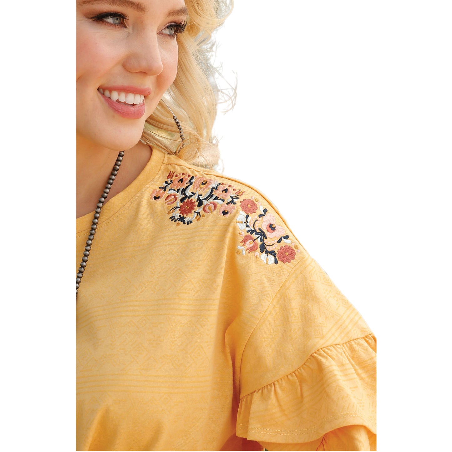 Cruel Denim Ladies Floral Embroidered Yellow Knit Shirt CTK7255002