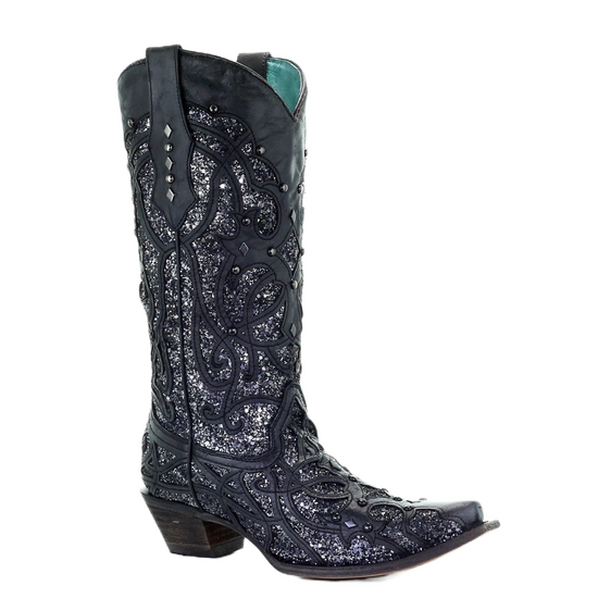 Corral Ladies Black Glitter Inlay and Studded Western Boots C3423