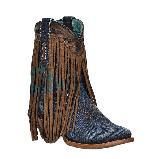 Corral Ladies Fringe Ankle Brown & Denim Overlay Pointed Toe Boots Z5154