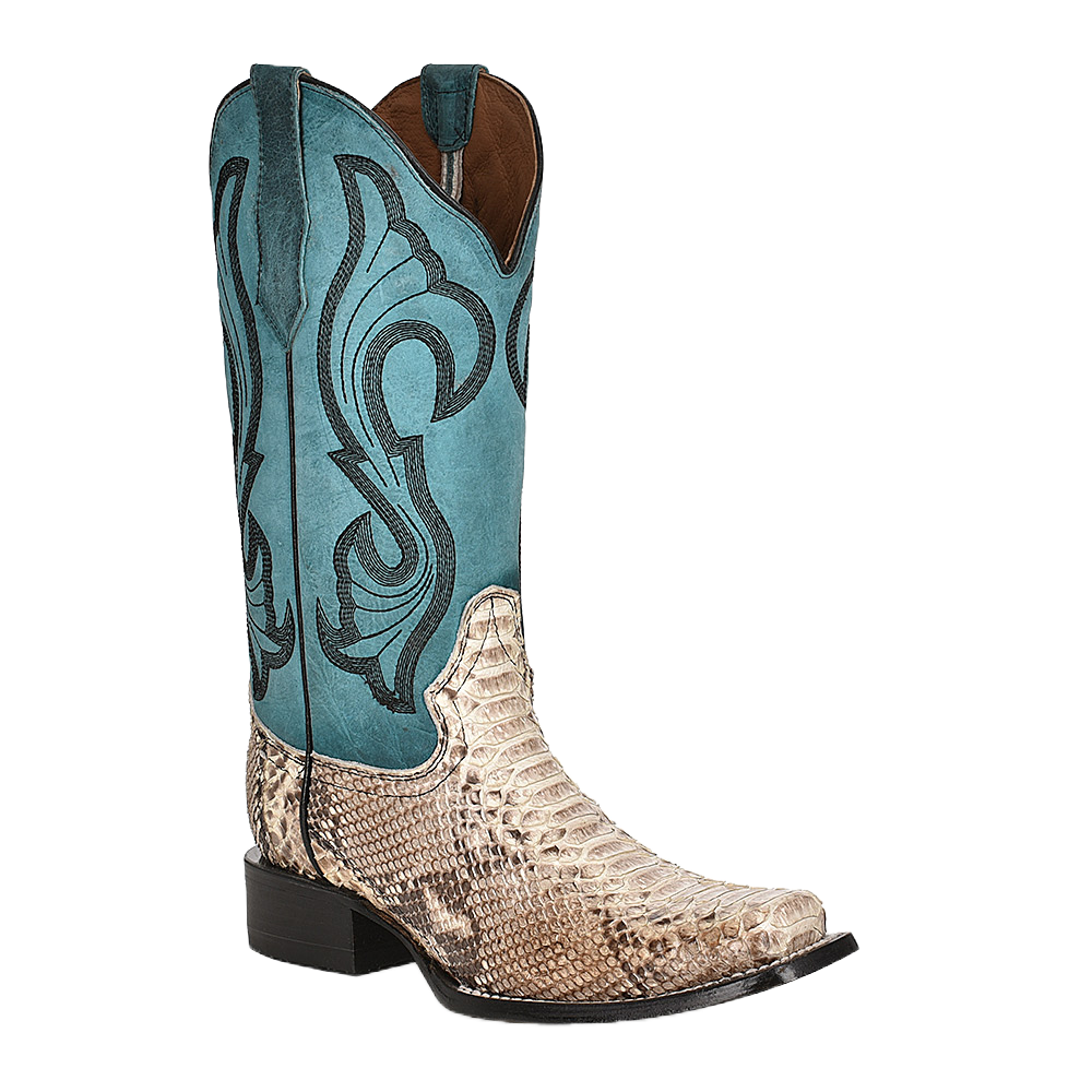 Circle G by Corral Ladies Natural Python & Turquoise Embroidered Square Toe Boot L5906