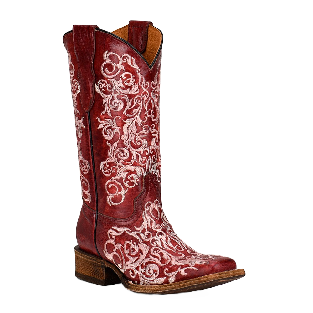 Corral Youth Embroidery Square Toe Red Floral Boots T0130