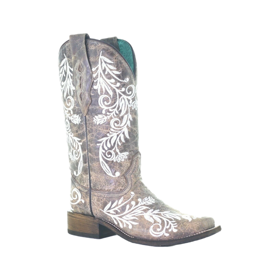 Corral Ladies Brown with White Embroidery Square Toe Boots A4063