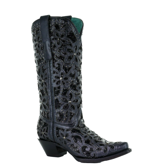 Corral Ladies Black Inlay Embroidery & Studs Boots A3752