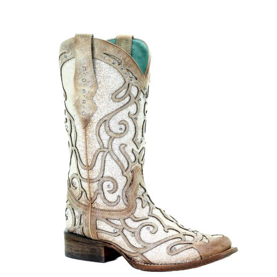 Corral Ladies Bone & White Glitter Inlay & Studs Boots C3482
