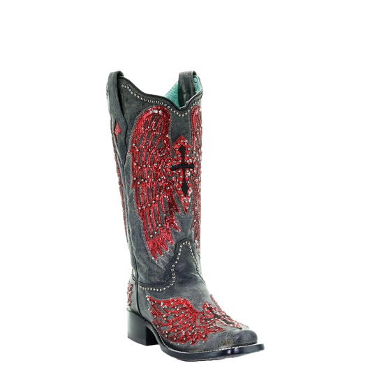 Corral Ladies Black & Red Wings, Cross Overlay & Studs Boots A3744