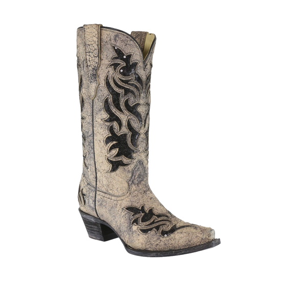 Corral Ladies Bone & Black Glitter Inlay Boots E1237