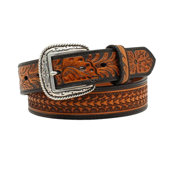 Ariat Men's Floral Embossed Black and Tan Leather Belt A1020867