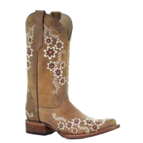 Circle G By Corral Ladies Tan Floral Embroidery Square Toe Boots L5382