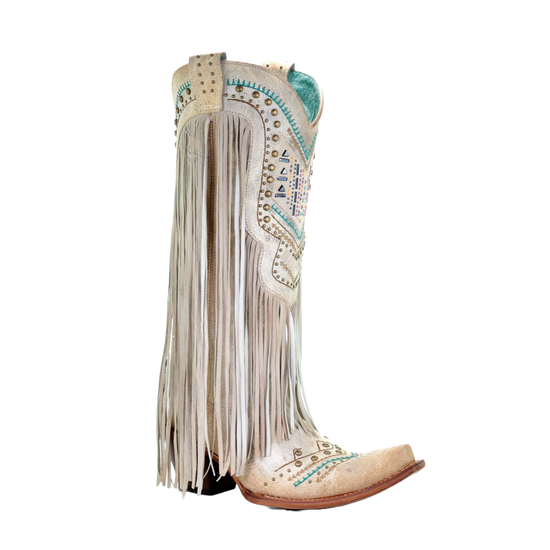 Corral Ladies Bone Multicolor Crystal and Fringe Snip Toe Boots C3424