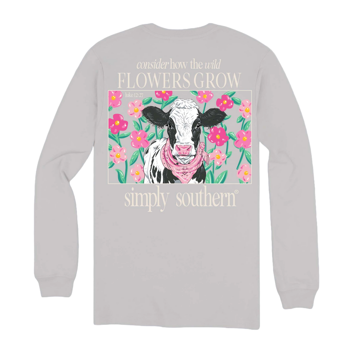 Simply Southern Ladies Cow With Flowers Light Grey Long Sleeve Shirt L, image size:1200x1200