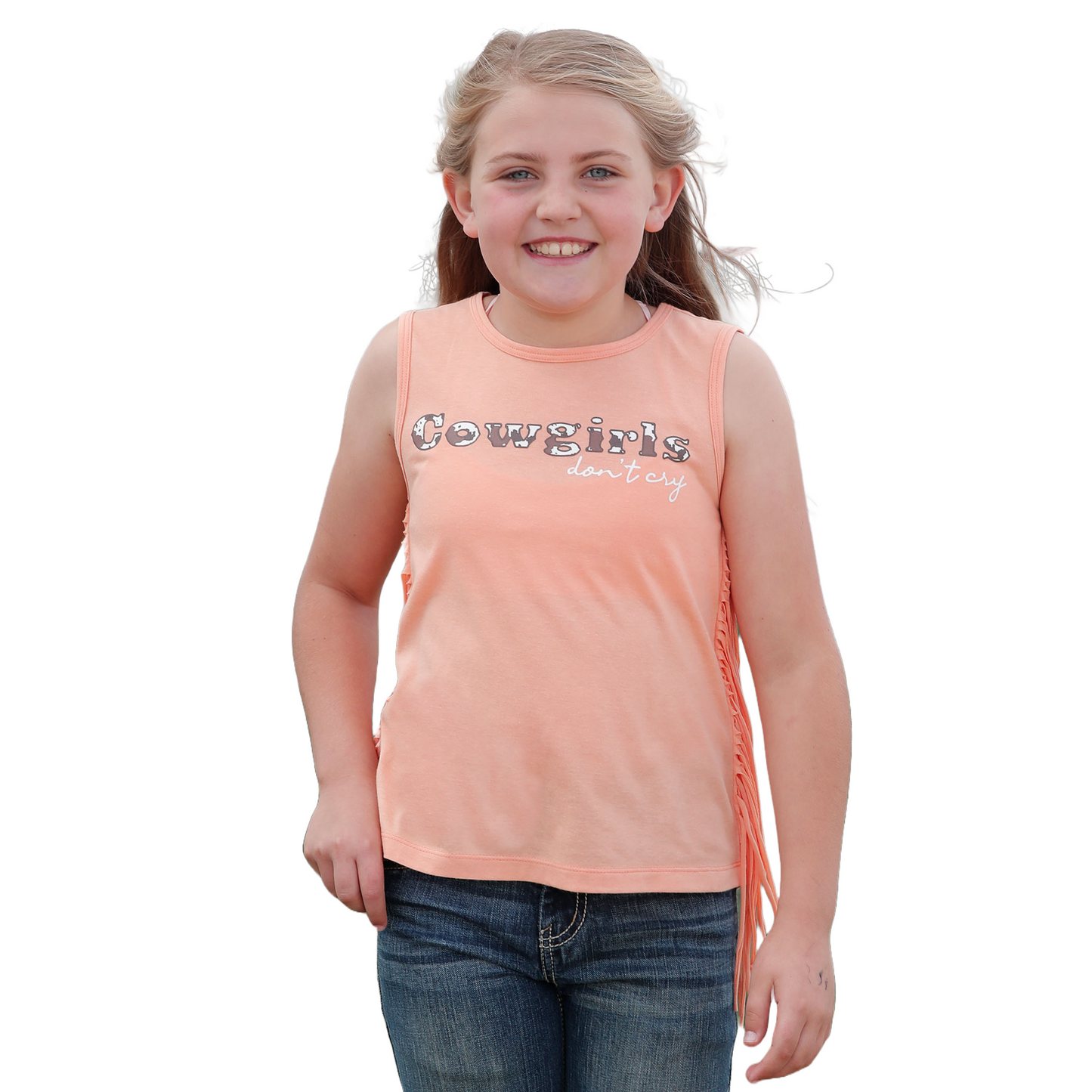 Cinch Youth Girl's Heather Orange Fringe Tank Top CTK3970004