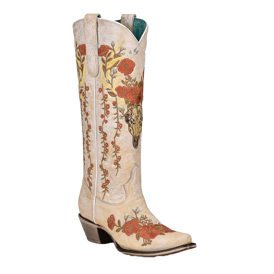 Corral Ladies White Floral & Deer Embroidery Snip Toe Boots A4186