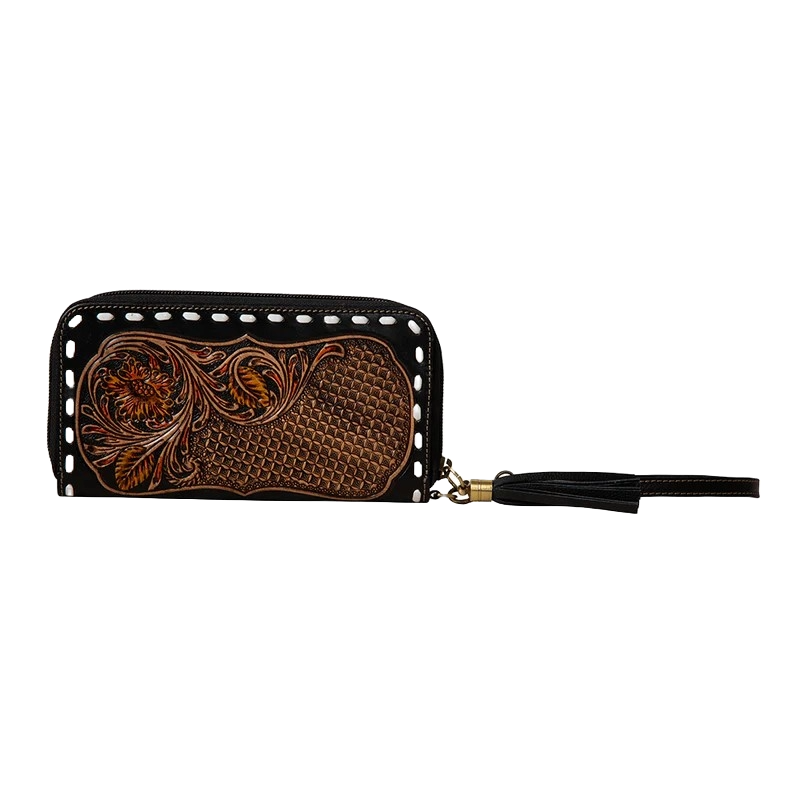 Myra Bag Ladies Canyon Bloom Hand-Tooled Brown Wristlet Wallet S-7463