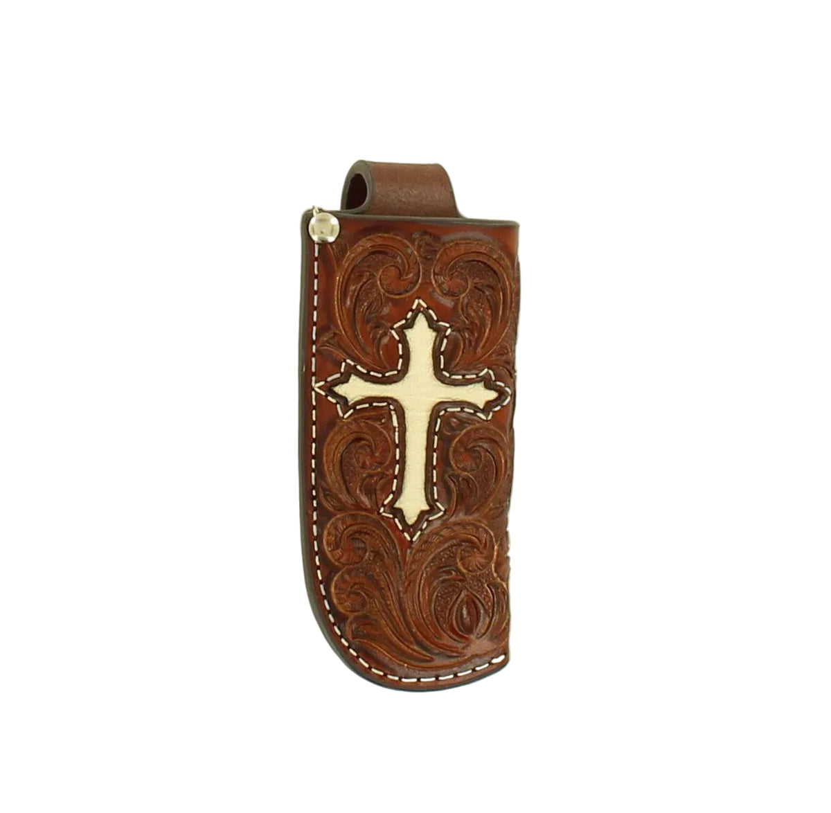 Nocona Floral Ivory Cross Inlay Brown Leather Knife Sheath 1804408