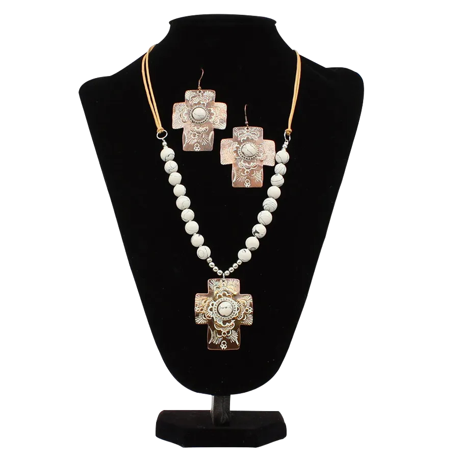 Blazin Roxx® Ladies White Etched Brown Cross Beaded Jewelry Set 29179