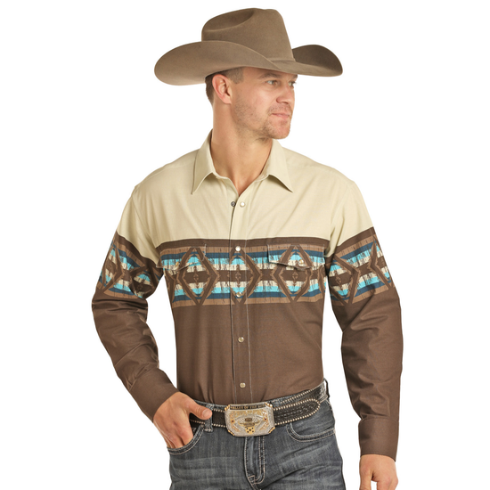 Panhandle® Men's Brown Aztec Border Long Sleeve Snap Shirt 30S3054