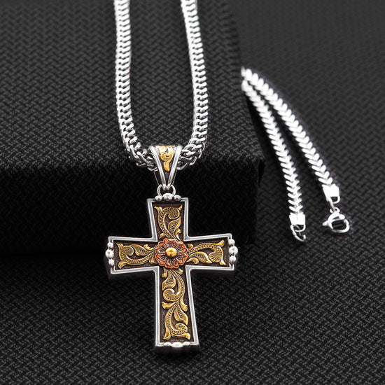 Twister Men's Antique Silver & Gold Cross Pendant Necklace 32146
