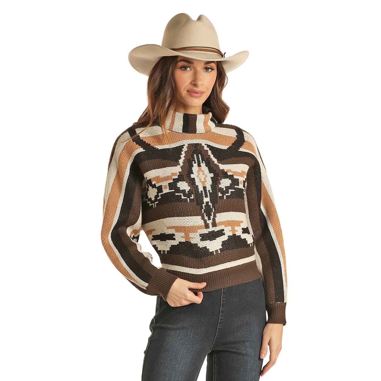 Rock & Roll Cowgirl® Ladies Long Horn Skull Sweater 46-2394