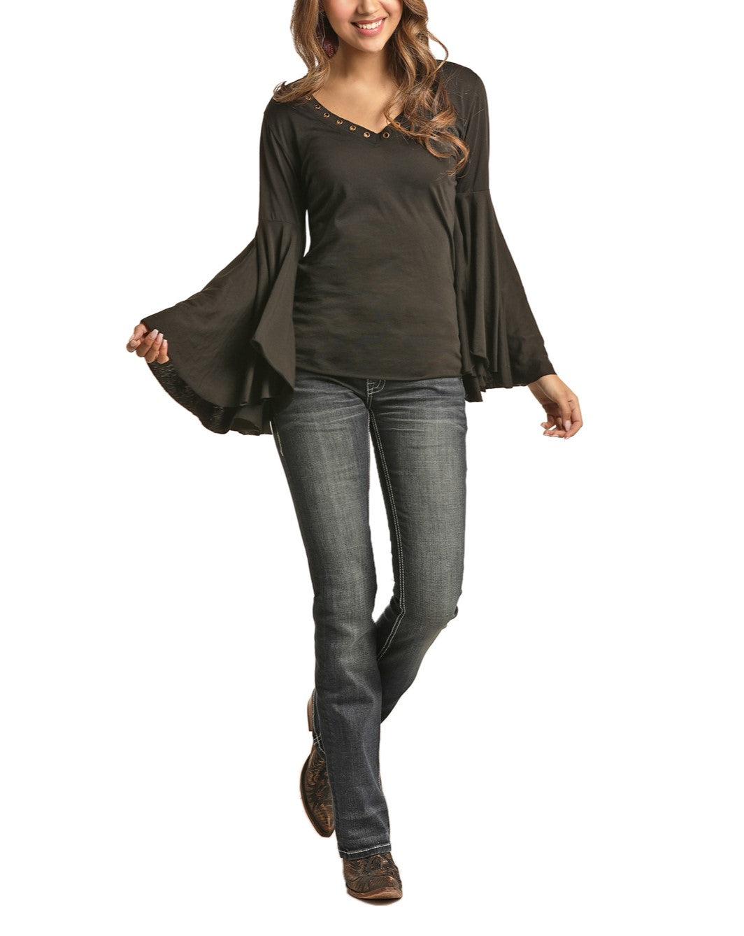 Rock & Roll Cowgirl Ladies Black Exaggerated Bell Sleeve Shirt 48T3140