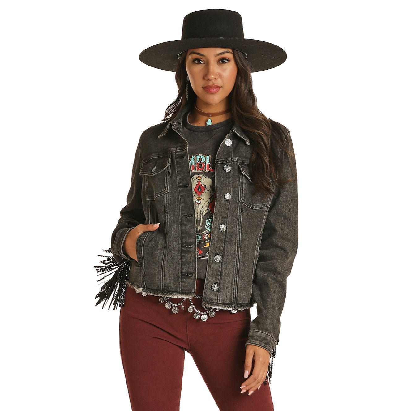 Rock & Roll Cowgirl Ladies Black Denim Fringe Jacket 52-1680