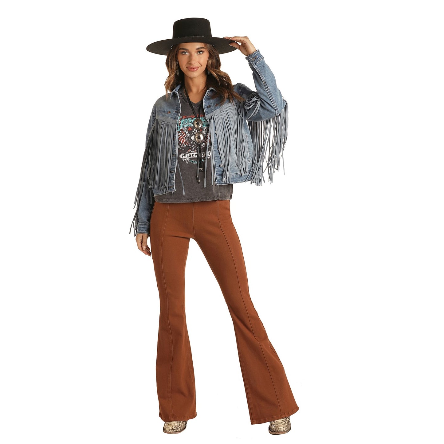 Rock & Roll Cowgirl Ladies Suede Fringe Light Wash Denim Jacket 52-1708
