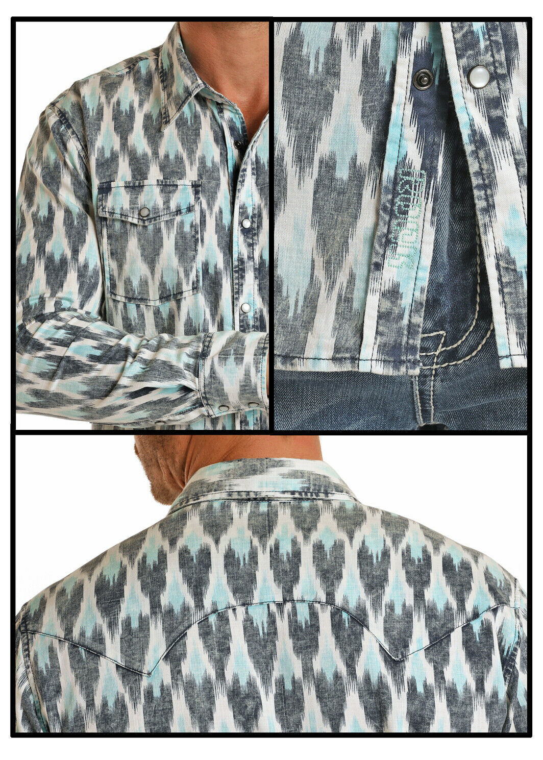Rock & Roll Cowboy Mens Caribbean Ikat Fabric Snap Shirt B2S4067