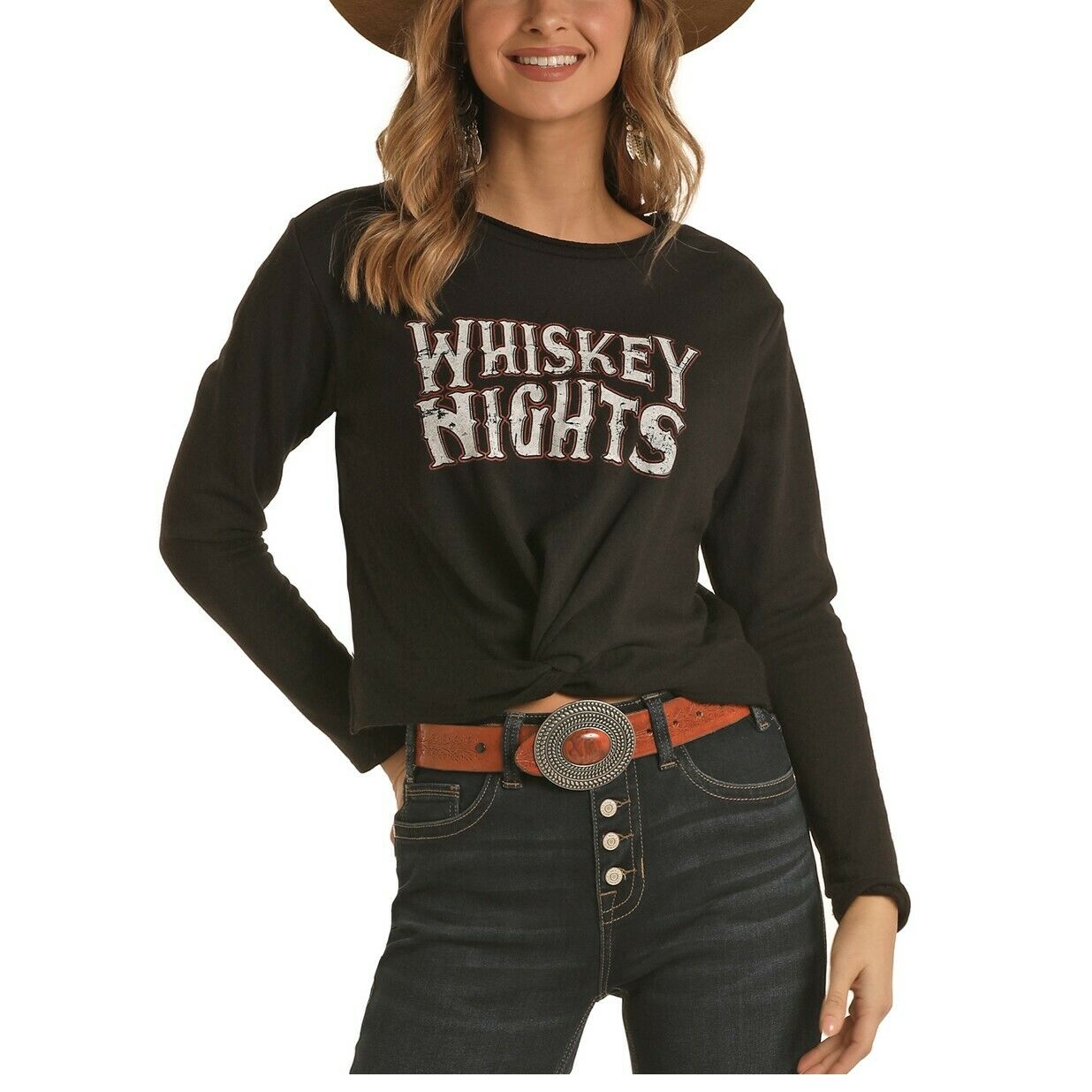 Rock & Roll Cowgirl Black Graphic Long Sleeve Shirt 48T6273