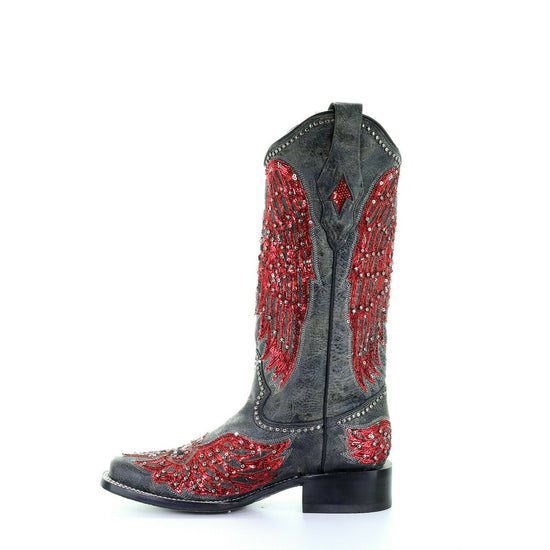 Corral Ladies Black & Red Wings, Cross Overlay & Studs Boots A3744