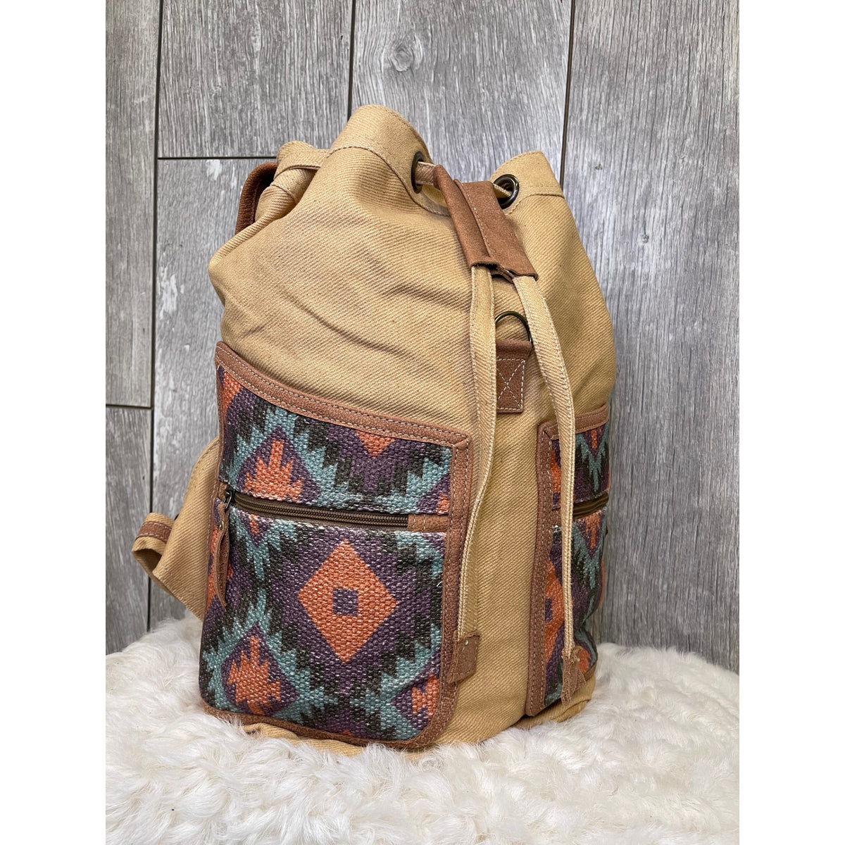 OLAY Aztec Cowhide Backpack with Pink and Turquoise Accents Olay Aztec Print Tan Backpack LB178 main image 2