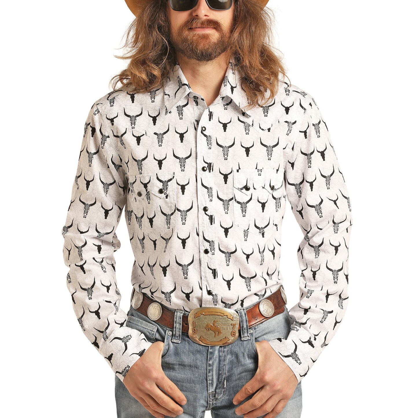 Rock & Roll Cowboy Men's Dale Brisby Steer Skull Snap Shirt B2S3078