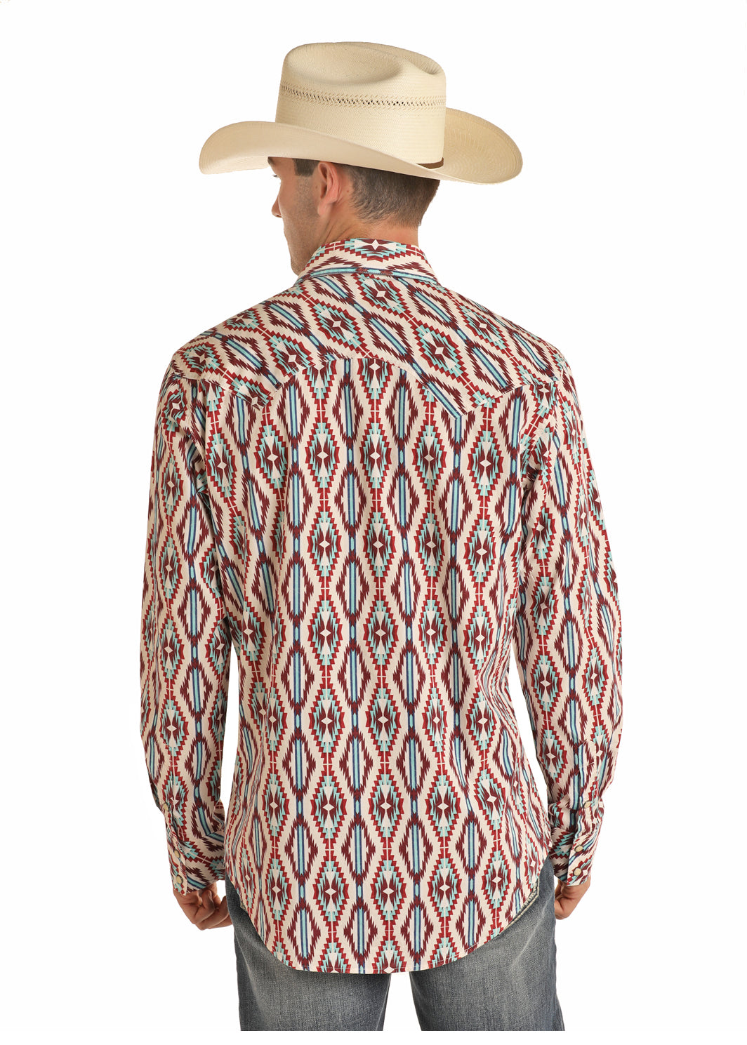 Rock & Roll Cowboys Men's Red & Teal Aztec Snap Shirt B2S5086