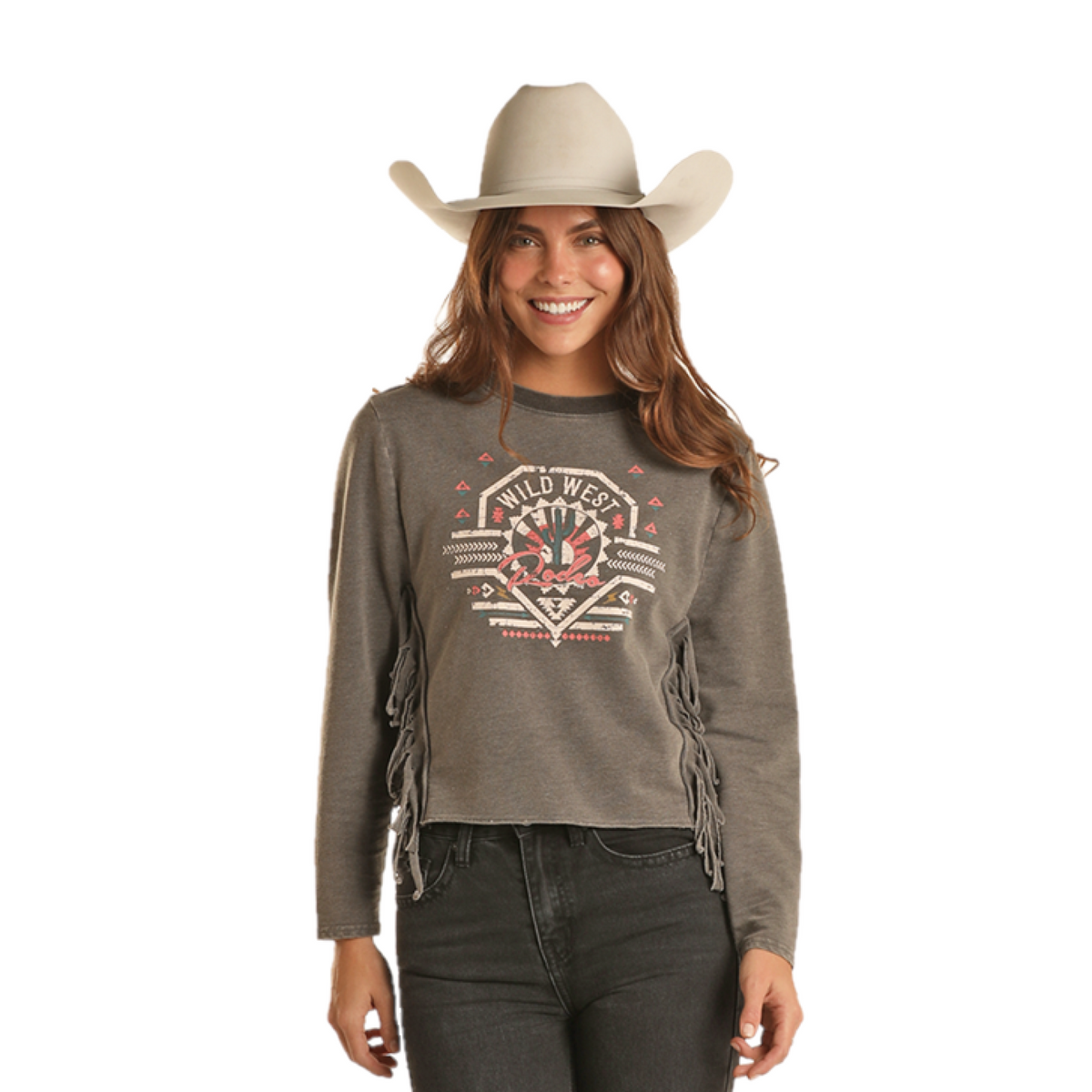 Rock & Roll Denim Ladies Fringed Graphic Black Pullover BW91T02059-01