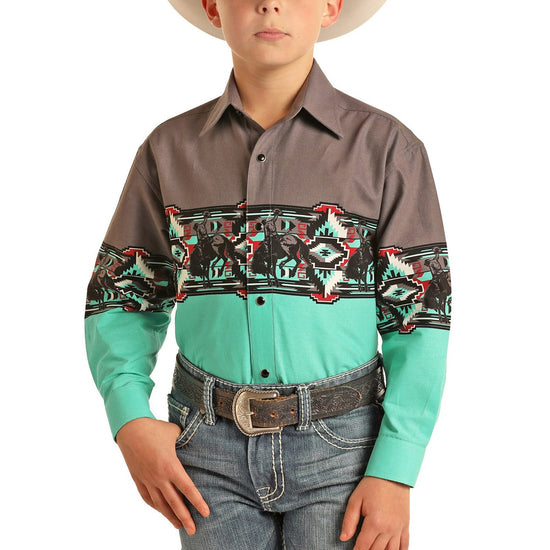 Panhandle Boy's Turquoise & Grey Western Border Print Shirt C0S2001