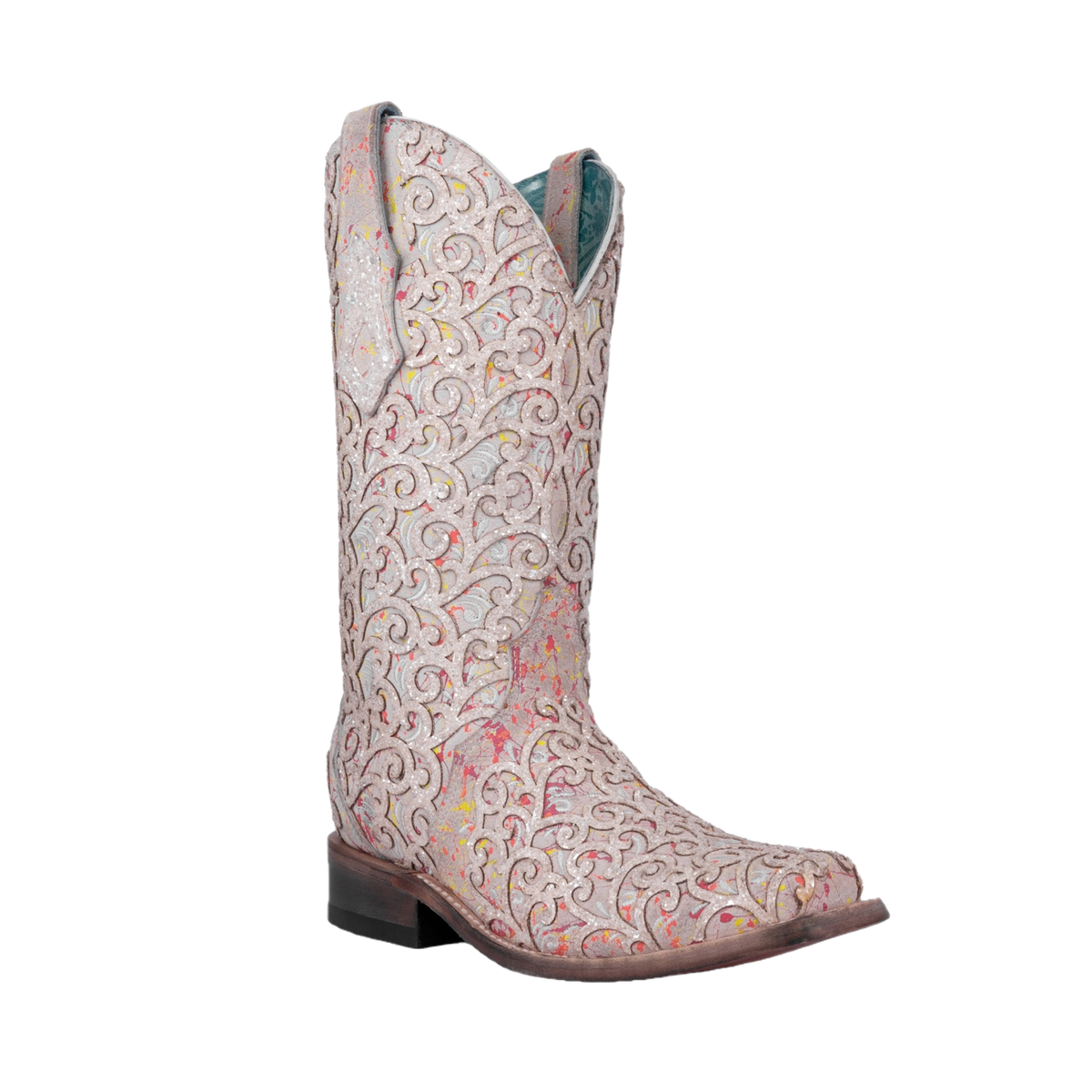 Corral Ladies White Glitter Overlay Neon Black Light Boots C4062 Wild