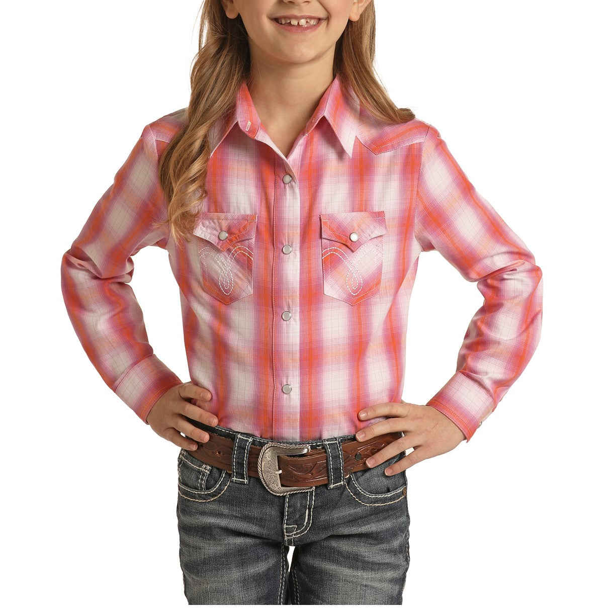 Panhandle Girl's Hot Pink Ombre Plaid Snap Shirt C6S1945-67