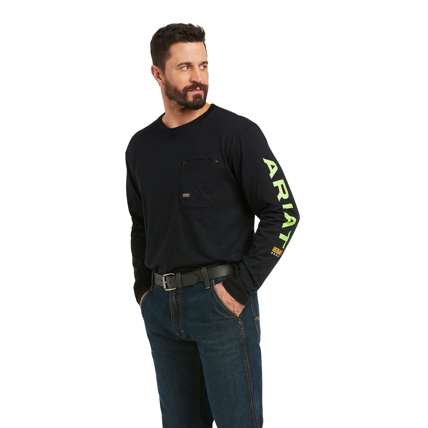 Ariat Men's Rebar Workman Logo Black Lime Long Sleeve Shirt 10037405
