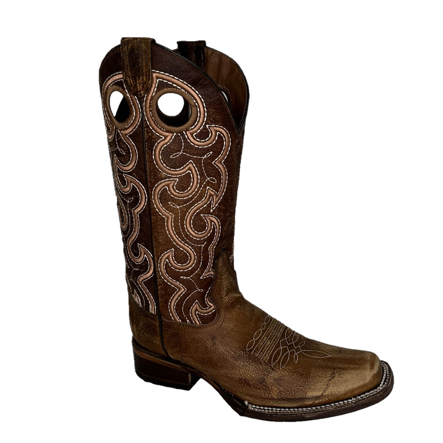 Circle G Ladies Cutout Embroidery Cognac Brown Square Toe Boots L6008