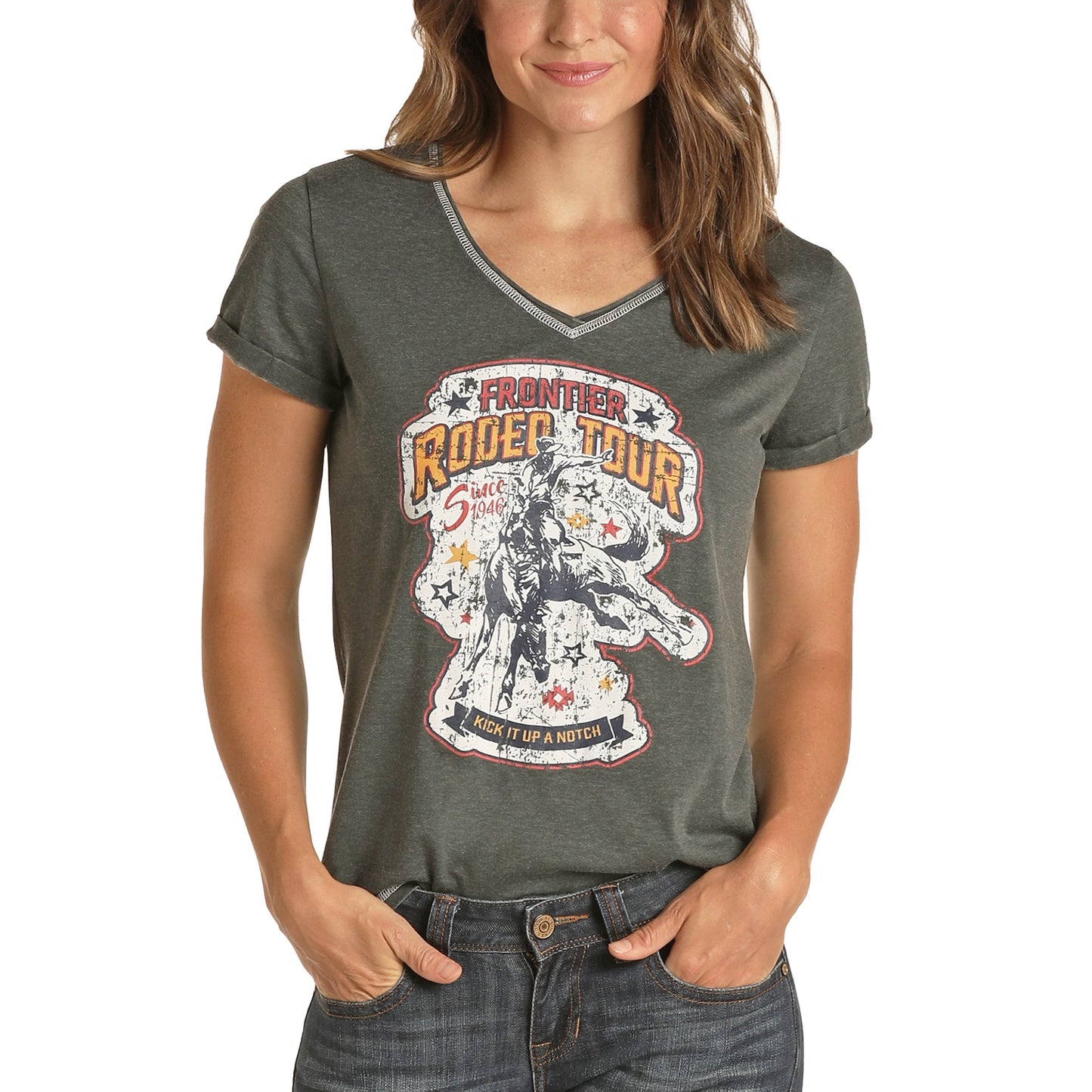 Panhandle Ladies Short Sleeve Graphic V-Neck Grey T-Shirt L9T8552