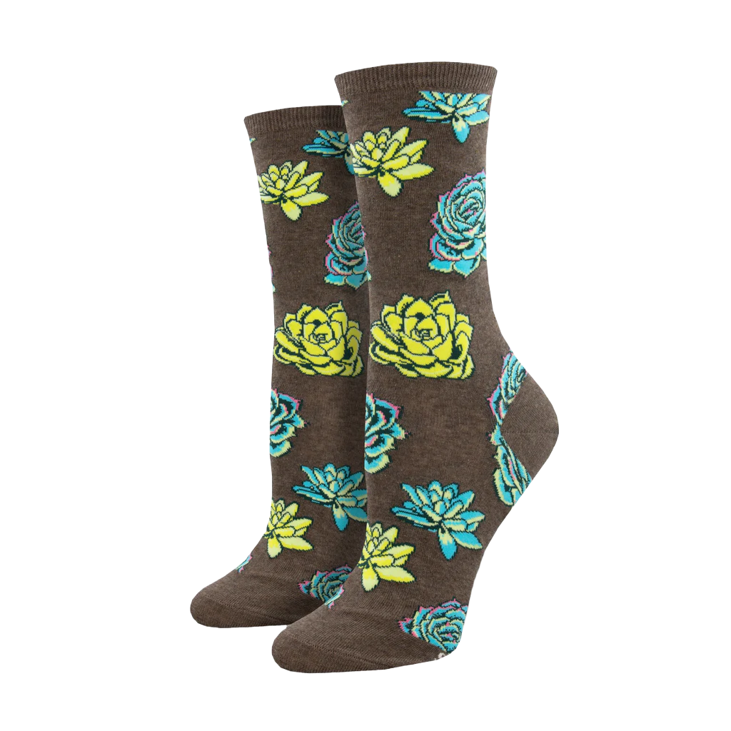 SockSmith Ladies Succulents Brown Heather Crew Socks WNC2613-HEB
