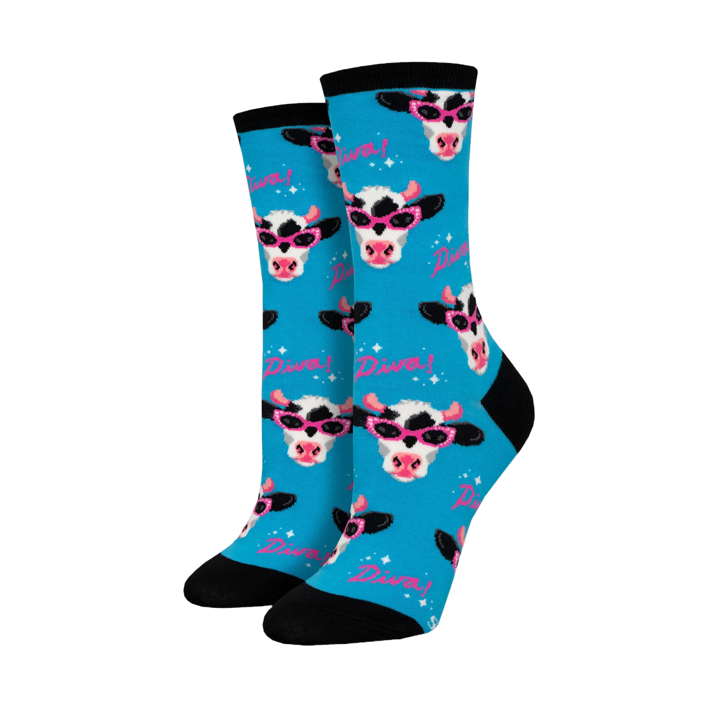 SockSmith Ladies Milk Diva Cow Print Blue Crew Socks WNC2804-BLU