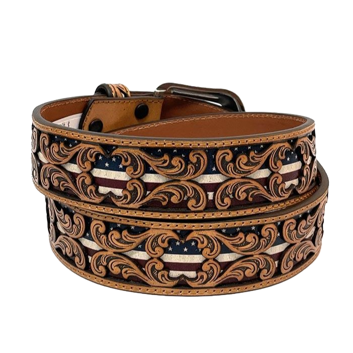 3D Men's Floral Tooled American Flag Inlay Leather Belt D100012408