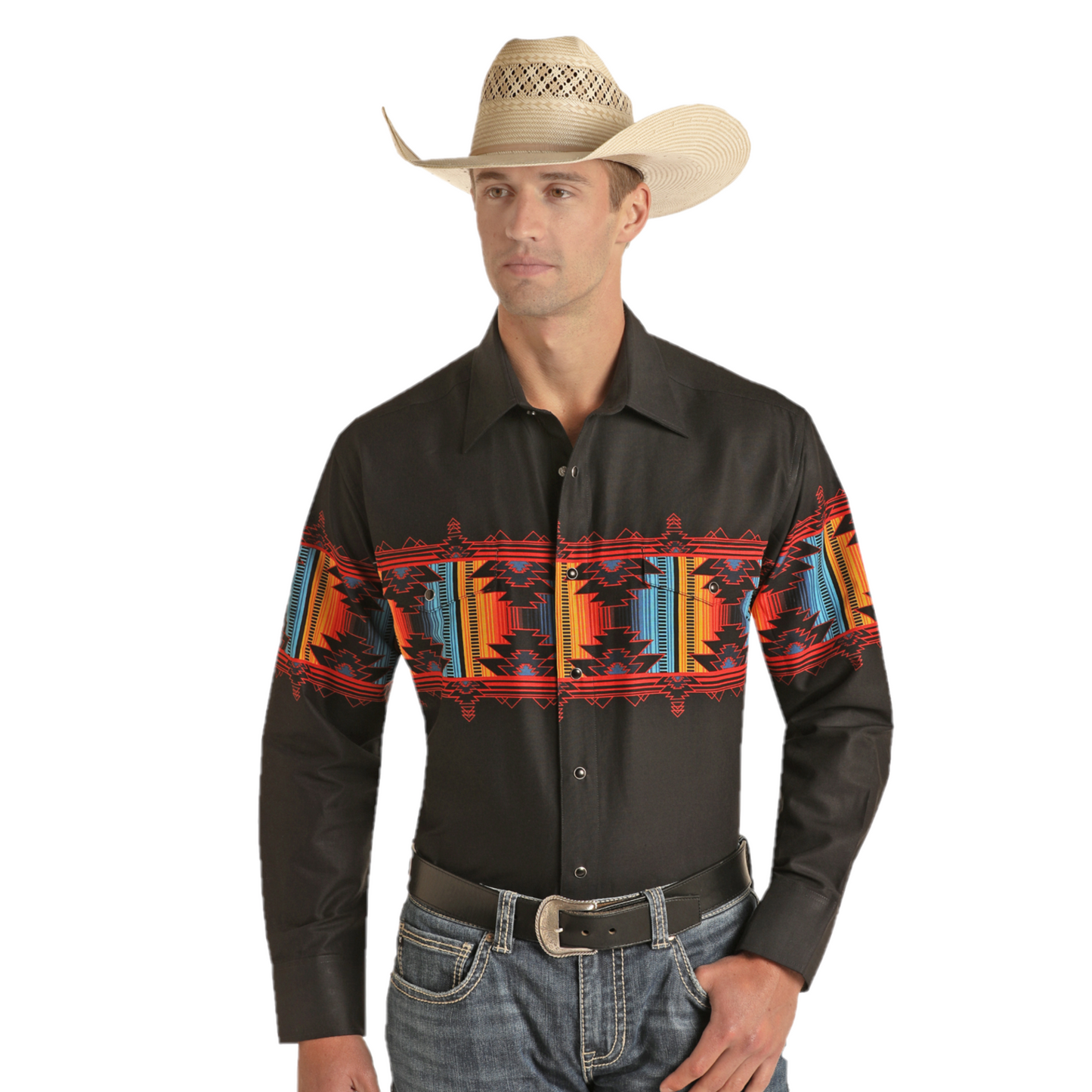 Panhandle® Men's Western Black Aztec Border Snap Shirt PHMSOSR0MW-01
