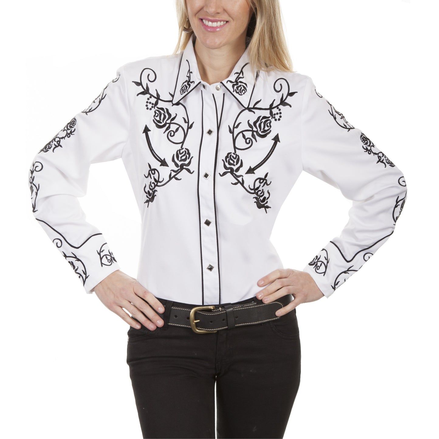 Scully Ladies Rose Embroidery White Button Down Shirt PL-671-WHT