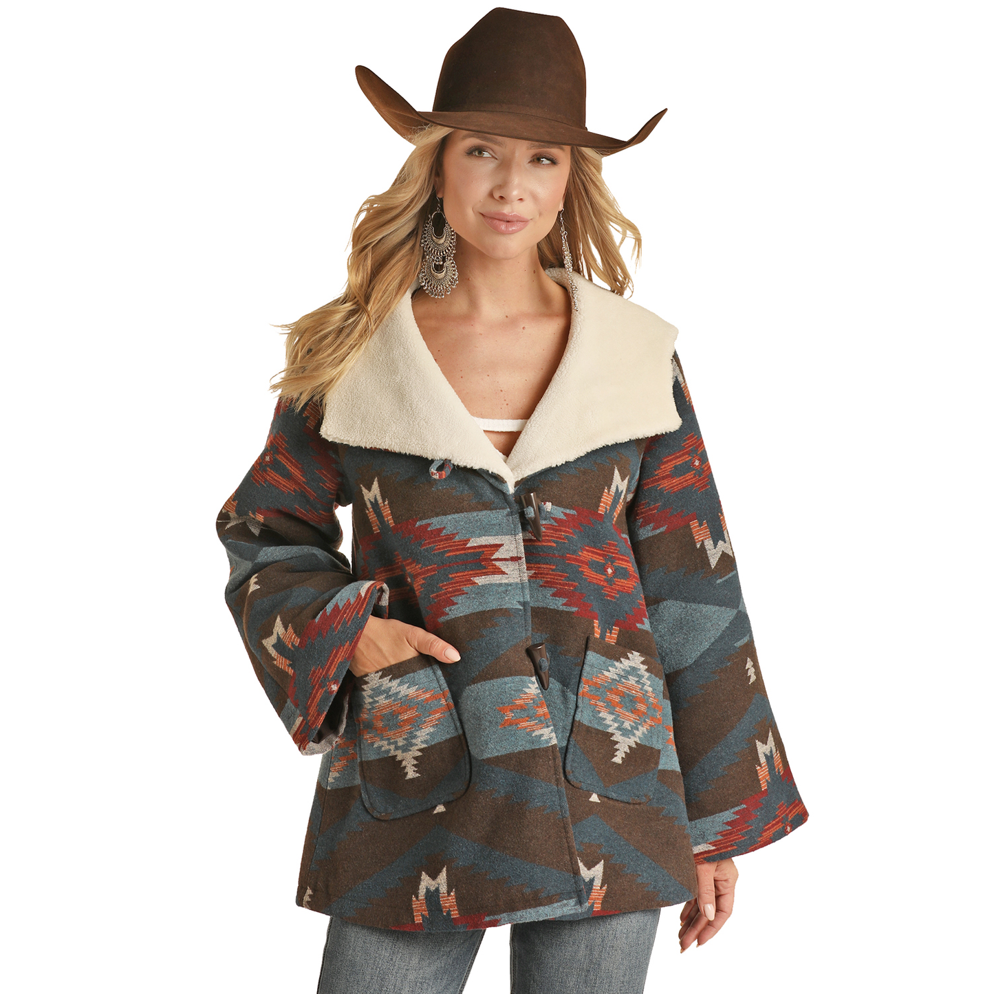 Powder River® Ladies Teal Aztec Wool Cape Coat PRWO92RZZ0-81